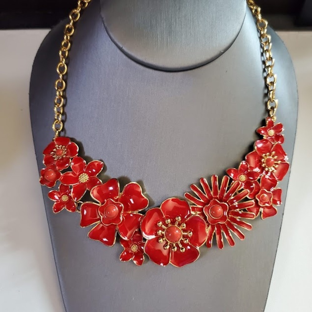 Talbots Red Enamel Floral Statement Necklace Gold Tone Bib Retro Garden Party